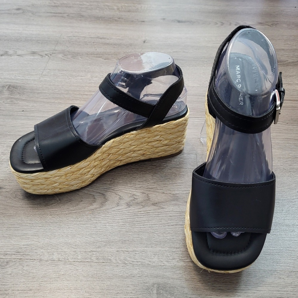 Marc Fisher Black Platform Espadrille Wedge Sandals Womens 8.5 Braided Raffia